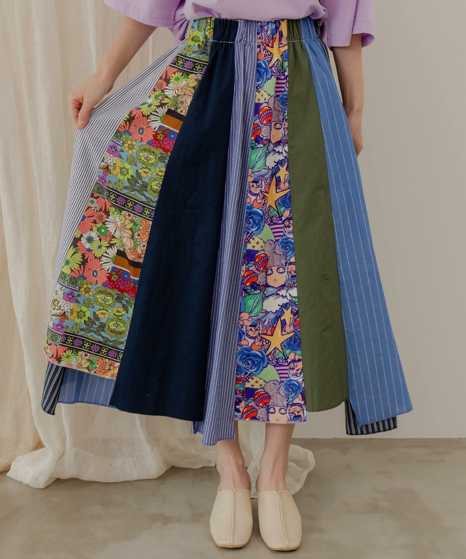 152602：花柄スカラーちゃん×異素材MIXストライプスカートの通販-ScoLar 