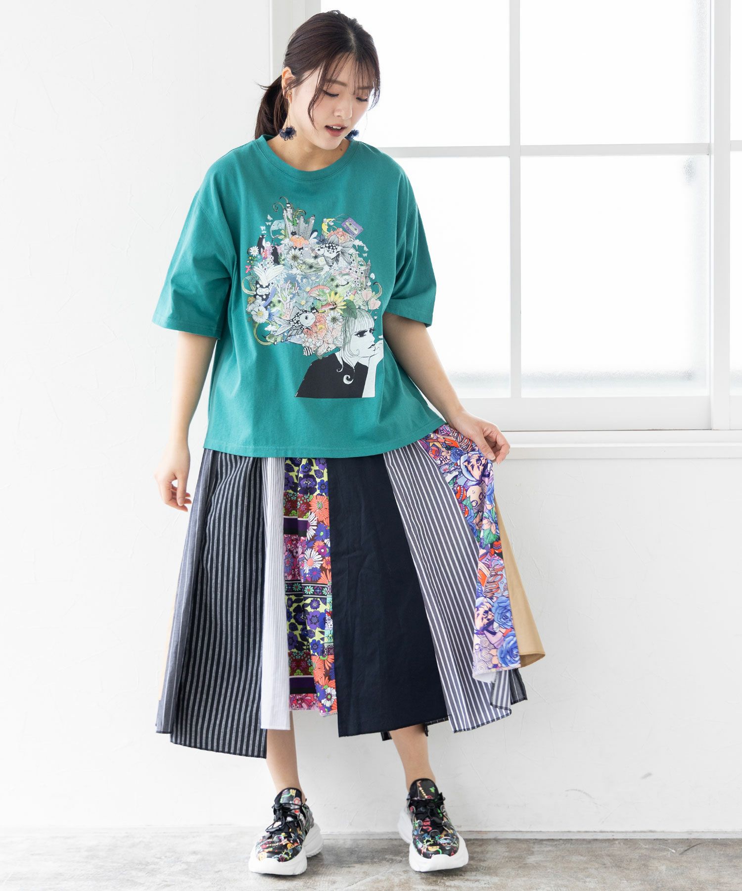 152602：花柄スカラーちゃん×異素材MIXストライプスカートの通販-ScoLar 