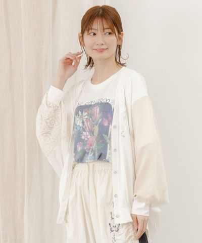 552205：花蝶箔プリント 異素材MIXカーディガン