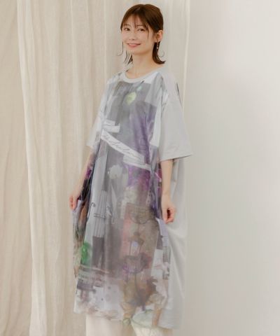 552204：チュール重ねコラージュ柄ワンピース