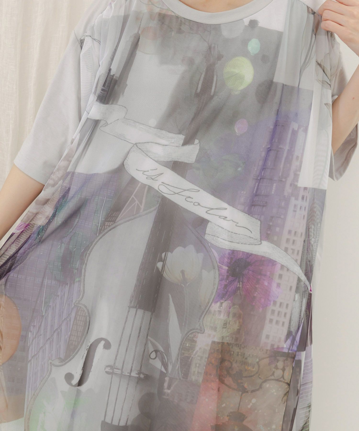 552204：チュール重ねコラージュ柄ワンピースの通販-ScoLar 