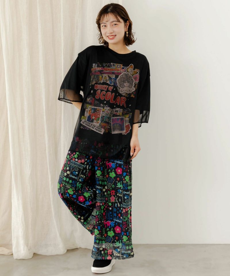 新発売 152619：スカラーちゃんヒストリー柄 チュール重ねプルオーバー Tシャツ(半袖+袖なし)