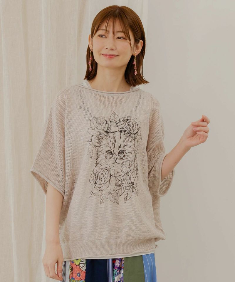 ネコ柄麻混ニット 2WAYカーディガン-1