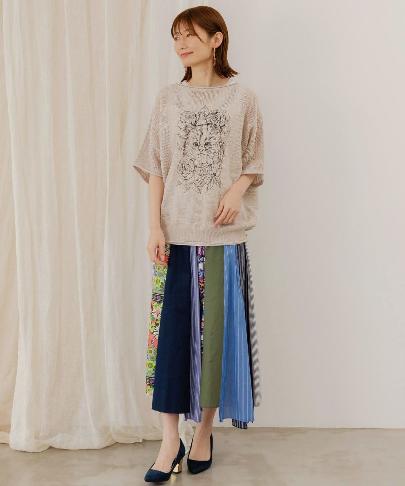 152609:ネコ柄麻混ニット 2WAYカーディガンの通販-ScoLar 152609:ネコ柄麻混ニット 2WAYカーディガンの通販-ScoLar