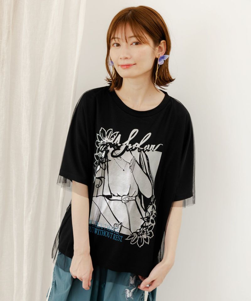 ワンシーン箔プリント チュール重ねTシャツ-1