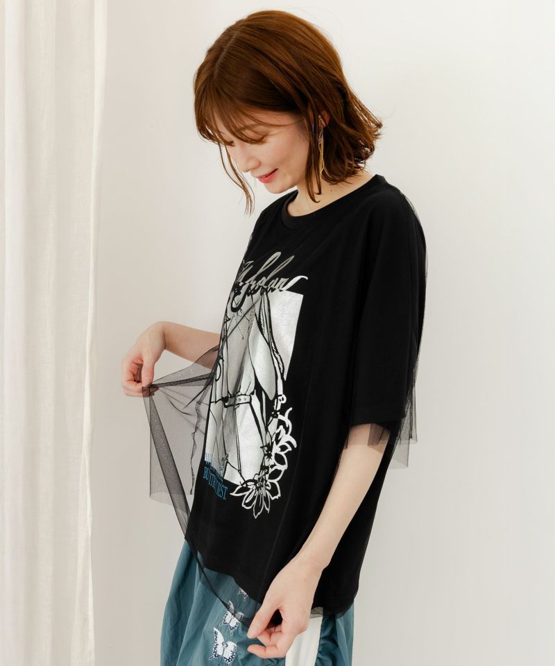 ワンシーン箔プリント チュール重ねTシャツ-5