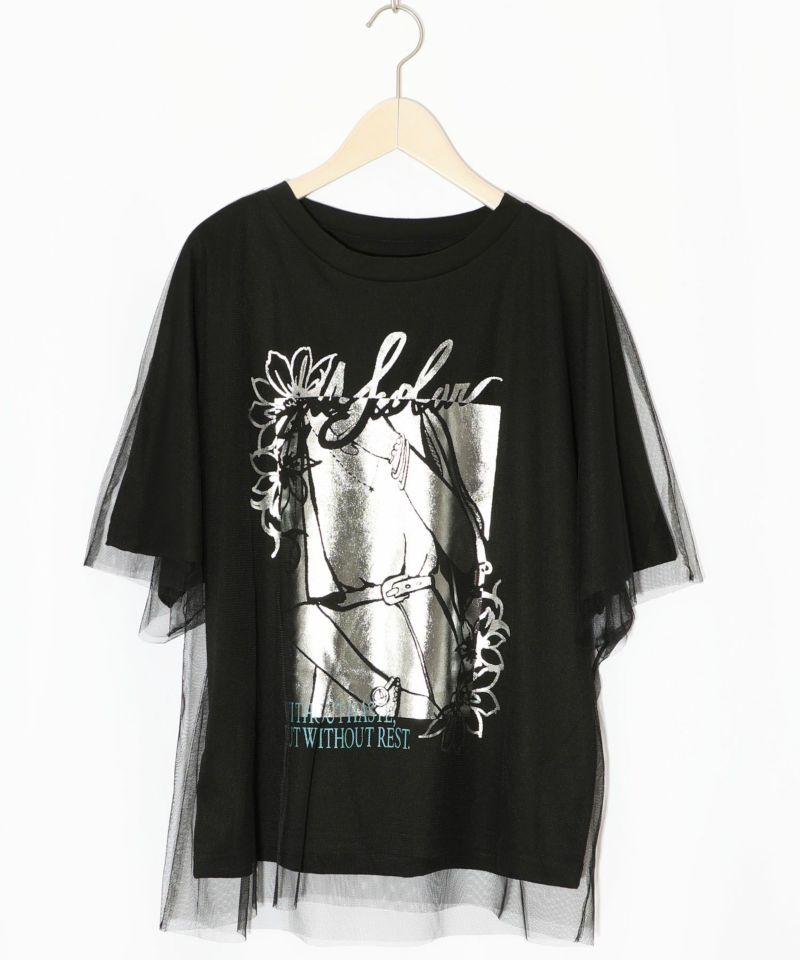 ワンシーン箔プリント チュール重ねTシャツ-13