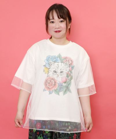 152618：花とネコちゃん柄 チュール重ねプルオーバー