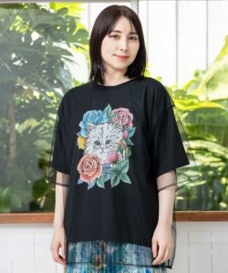 152618：花とネコちゃん柄 チュール重ねプルオーバーの通販-ScoLar