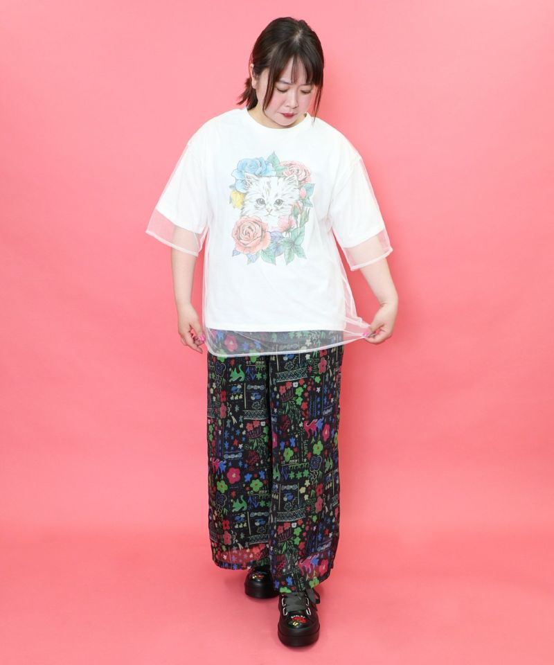 花とネコちゃん柄 チュール重ねプルオーバー-2