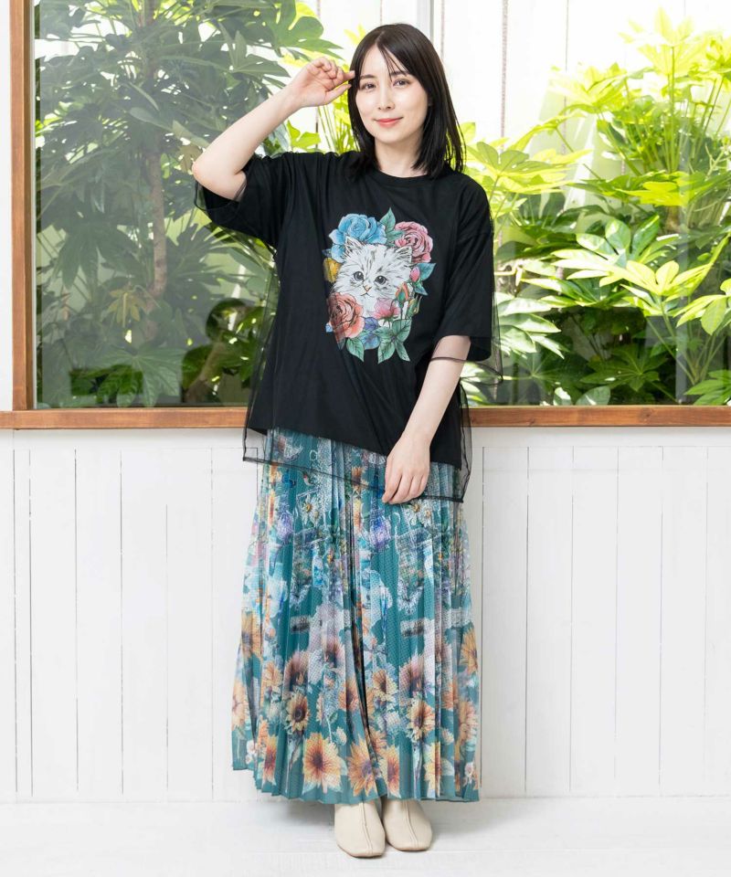 花とネコちゃん柄 チュール重ねプルオーバー-2