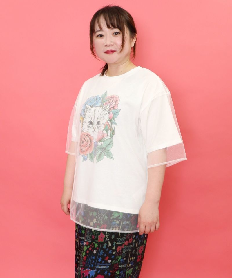 花とネコちゃん柄 チュール重ねプルオーバー-3