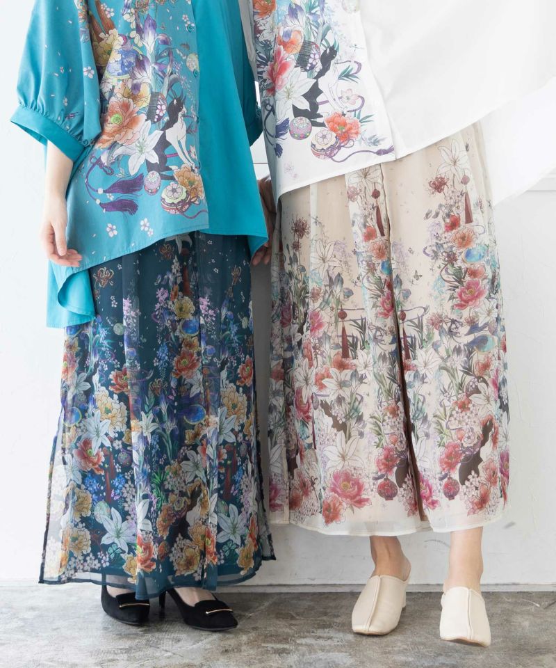 雅結×iS ScoLarコラボ 和風花柄シフォン重ねパンツ-1