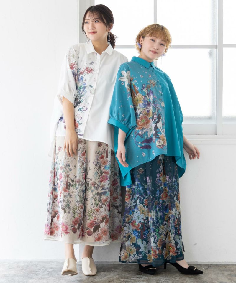 雅結×iS ScoLarコラボ 和風花柄シフォン重ねパンツ-