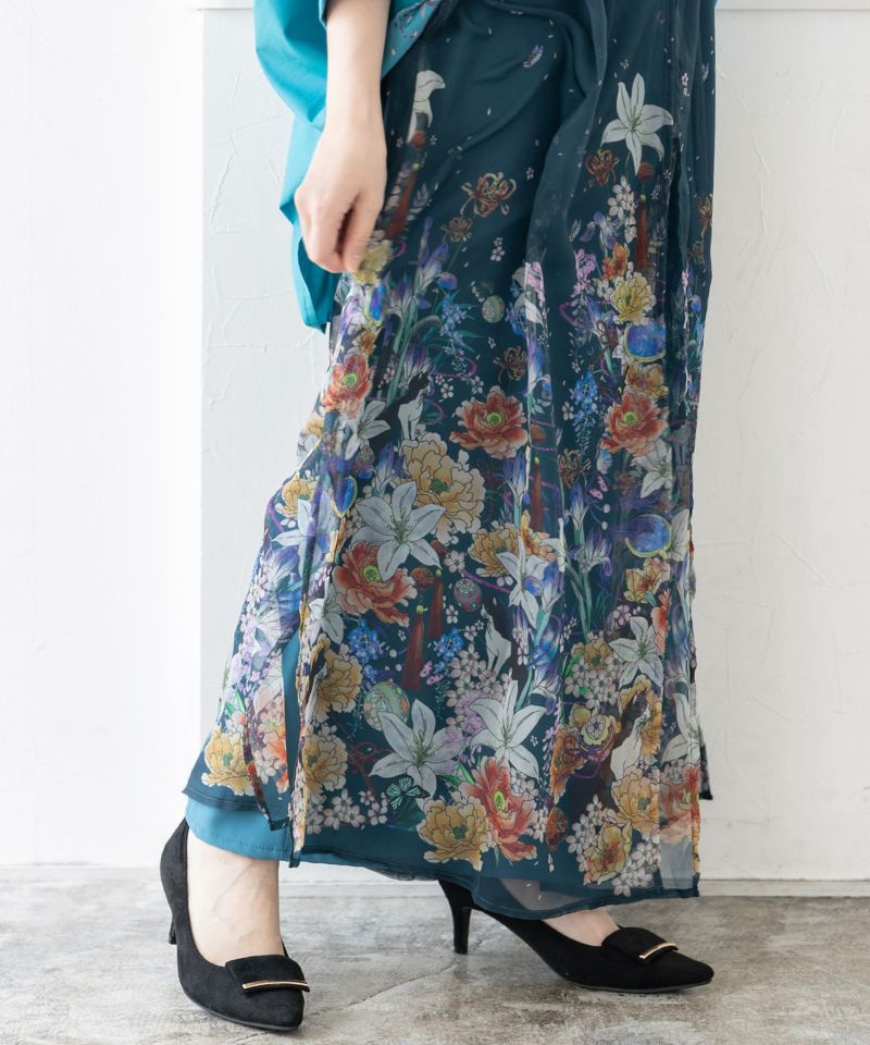 雅結×iS ScoLarコラボ 和風花柄シフォン重ねパンツ-3