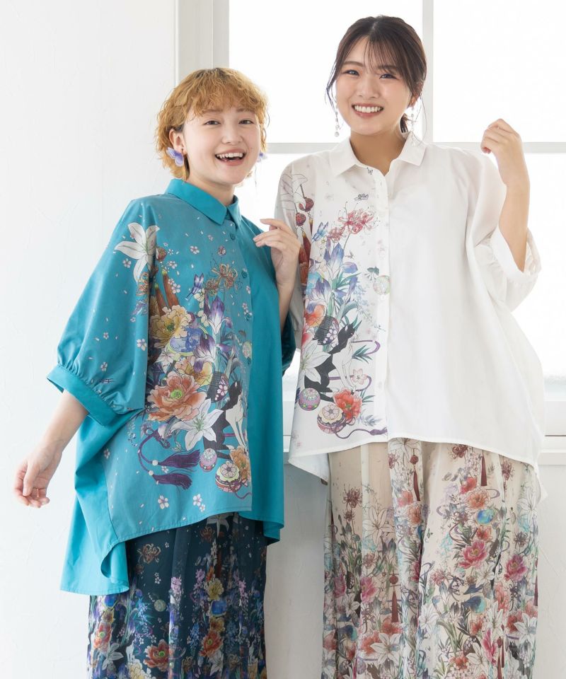 雅結×iS ScoLarコラボ 和風花柄シャツ-1