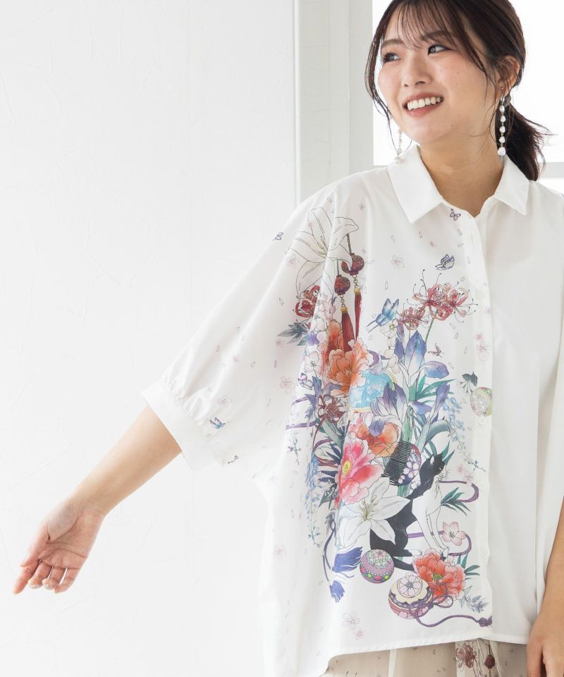 雅結×iS ScoLarコラボ 和風花柄シャツ-7