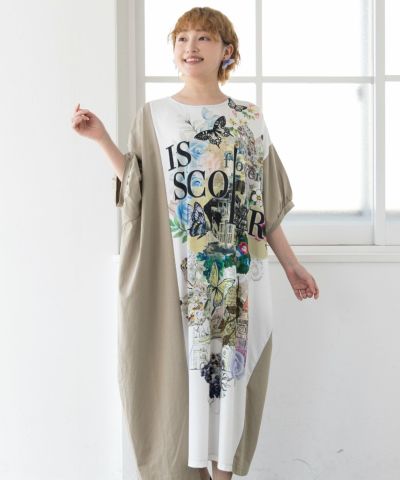 ロゴ花蝶柄 切替ワンピース-1