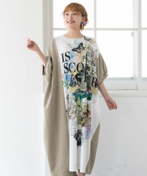 ロゴ花蝶柄 切替ワンピース-1