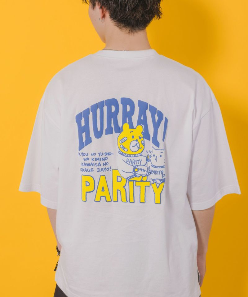 クマとネコのアメフト柄 バック発泡プリントTシャツ-1