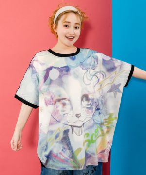 152636：いろんなネコだらけ 総柄切替プルオーバー（Tシャツ