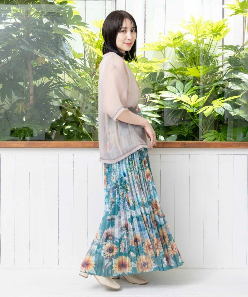 ヒマワリ柄プリーツメッシュスカート-18