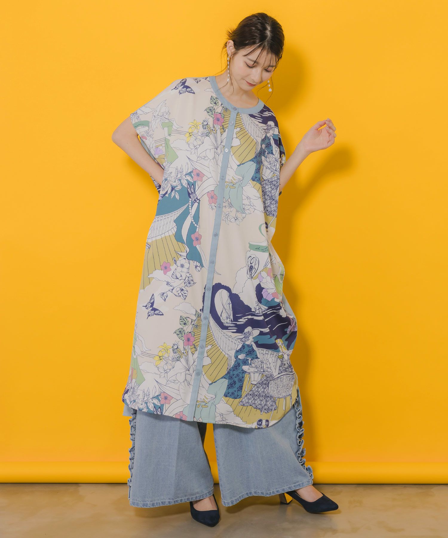 552237：異素材切替 ティータイム柄前開きワンピースの通販-ScoLar 