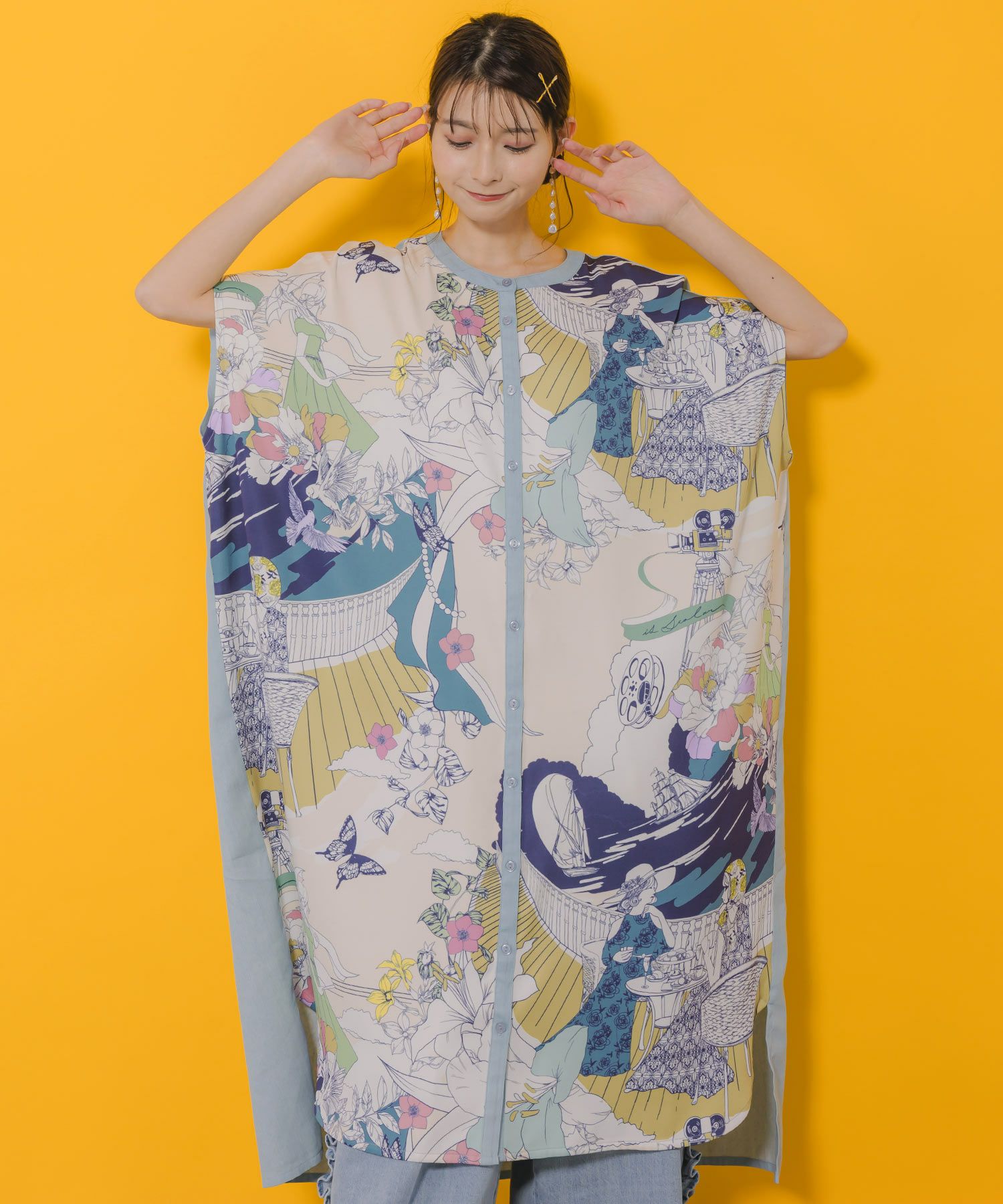 552237：異素材切替 ティータイム柄前開きワンピースの通販-ScoLar 