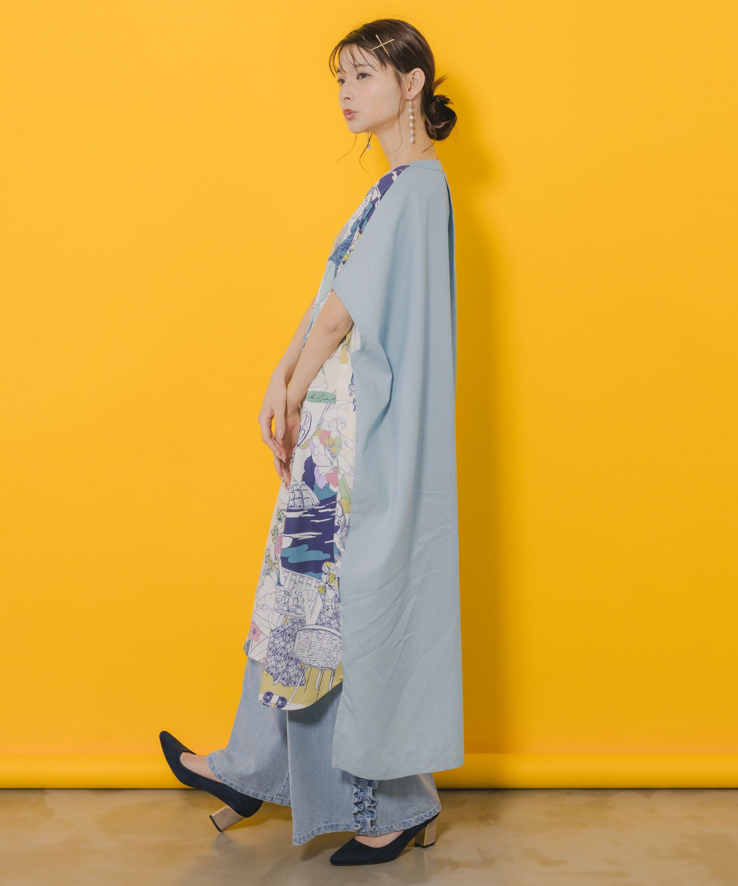 552237：異素材切替 ティータイム柄前開きワンピースの通販-ScoLar 