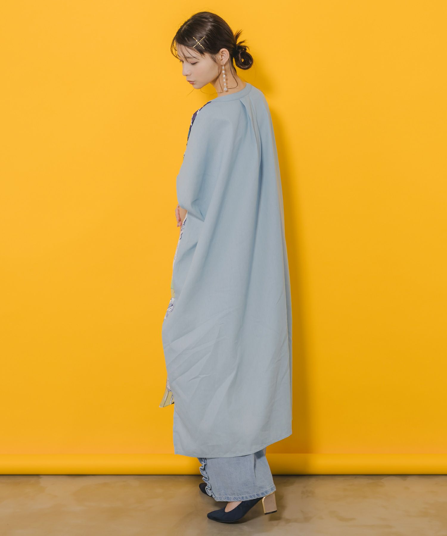 552237：異素材切替 ティータイム柄前開きワンピースの通販-ScoLar 