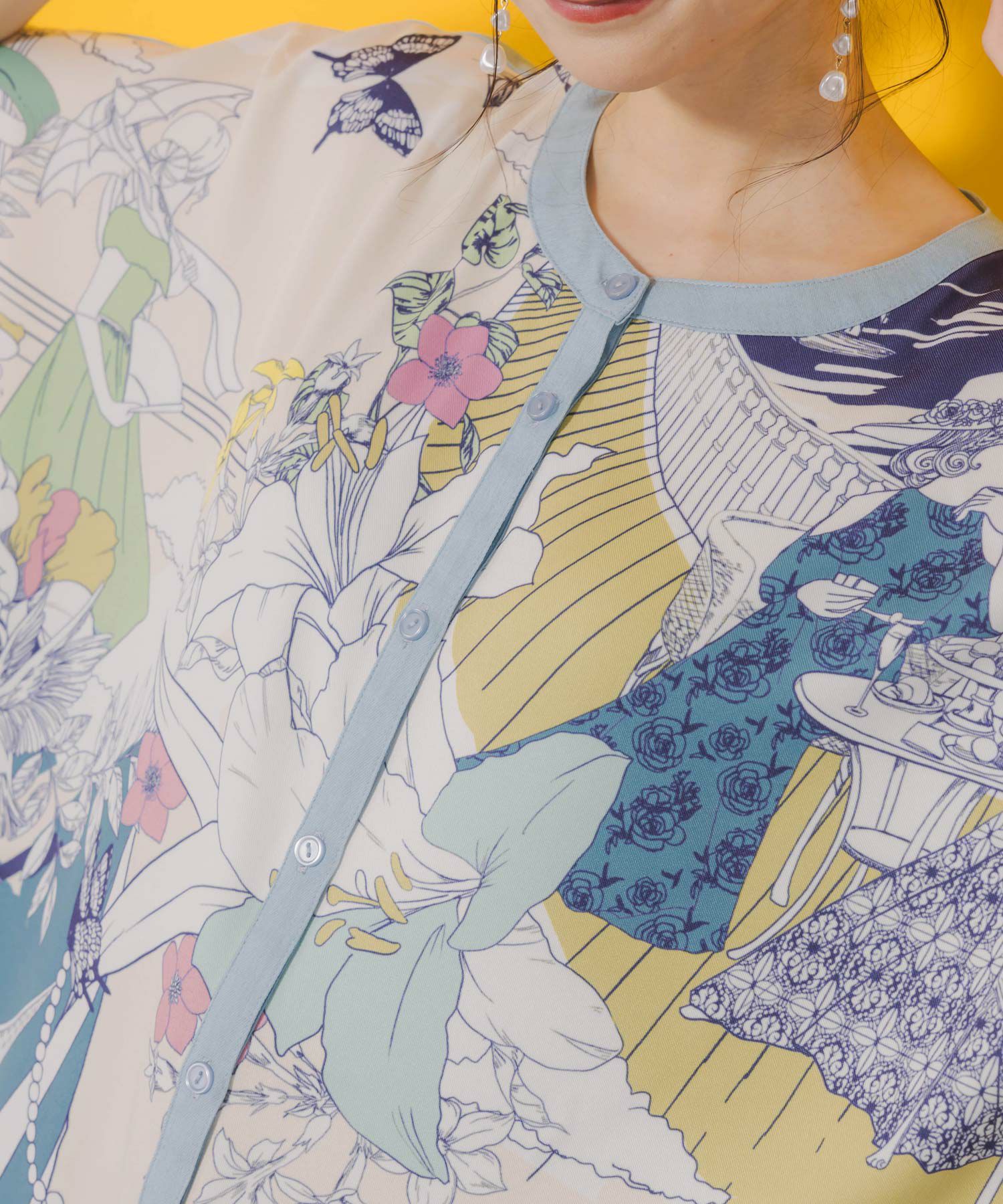 552237：異素材切替 ティータイム柄前開きワンピースの通販-ScoLar 