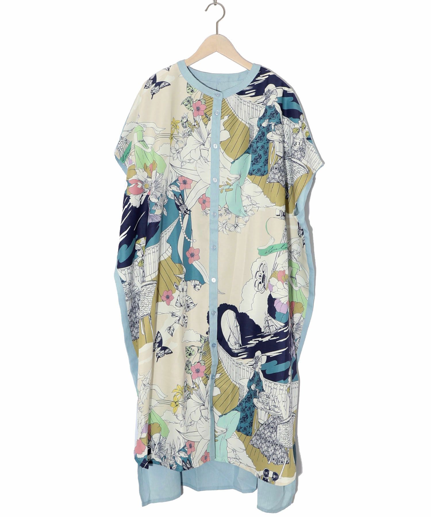 552237：異素材切替 ティータイム柄前開きワンピースの通販-ScoLar 