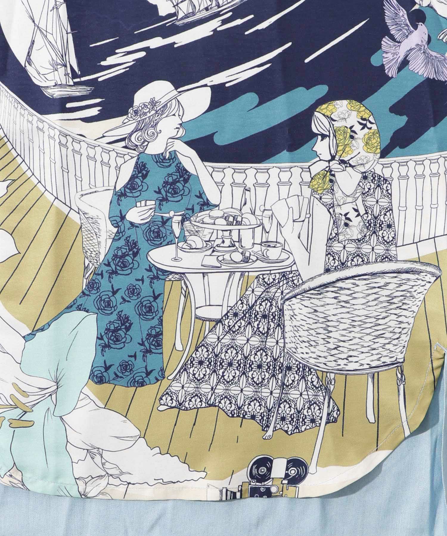 552237：異素材切替 ティータイム柄前開きワンピースの通販-ScoLar 