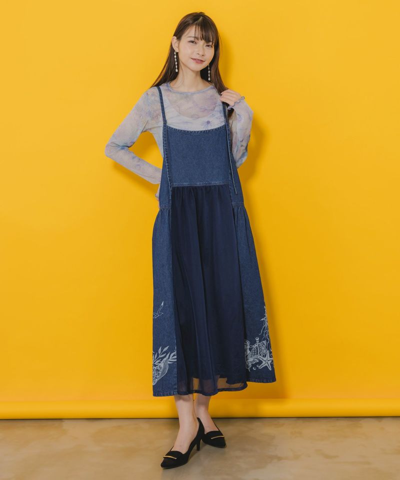 海柄プリントメッシュ重ね デニムキャミワンピース-1