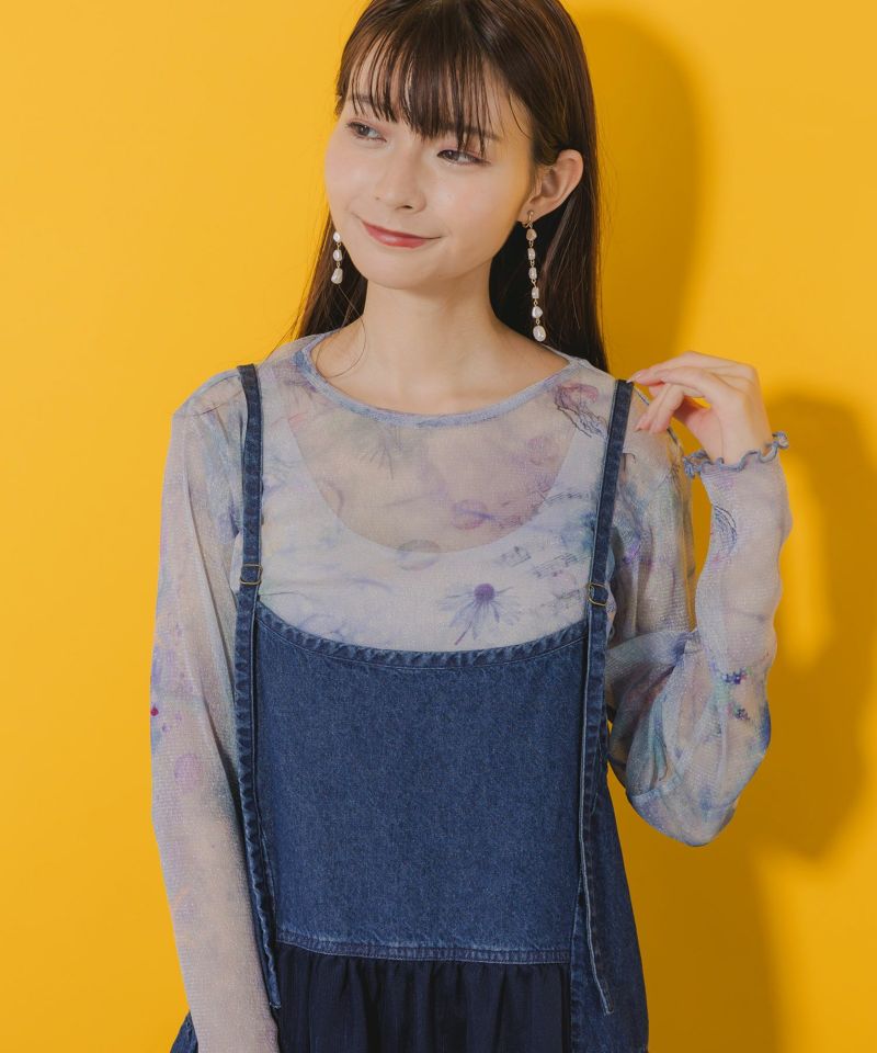海柄プリントメッシュ重ね デニムキャミワンピース-2
