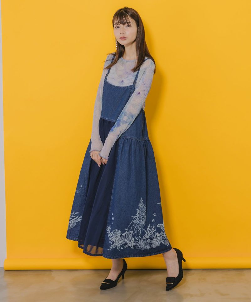 海柄プリントメッシュ重ね デニムキャミワンピース-3