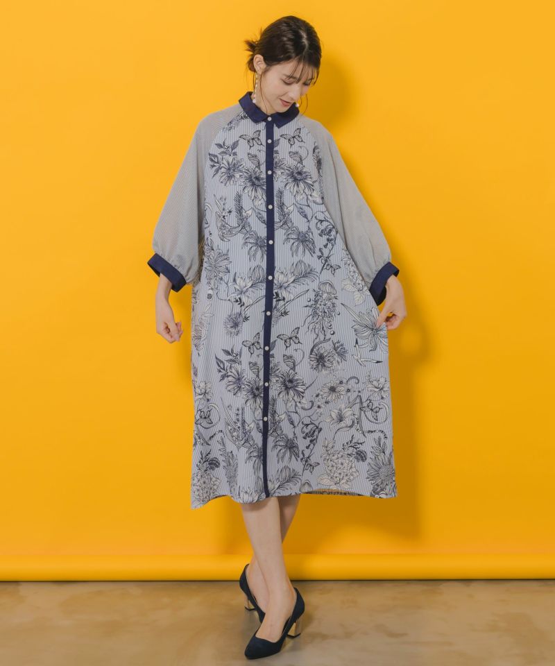 ストライプ花柄シャツワンピース-1