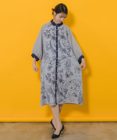 ストライプ花柄シャツワンピース-1