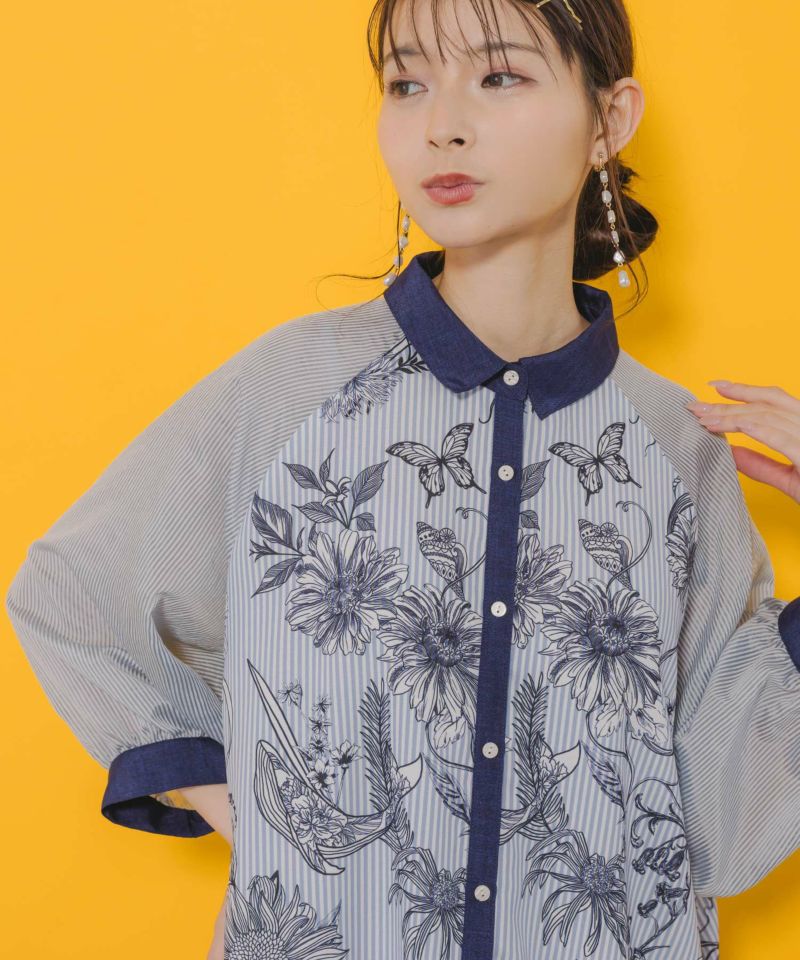 ストライプ花柄シャツワンピース-2