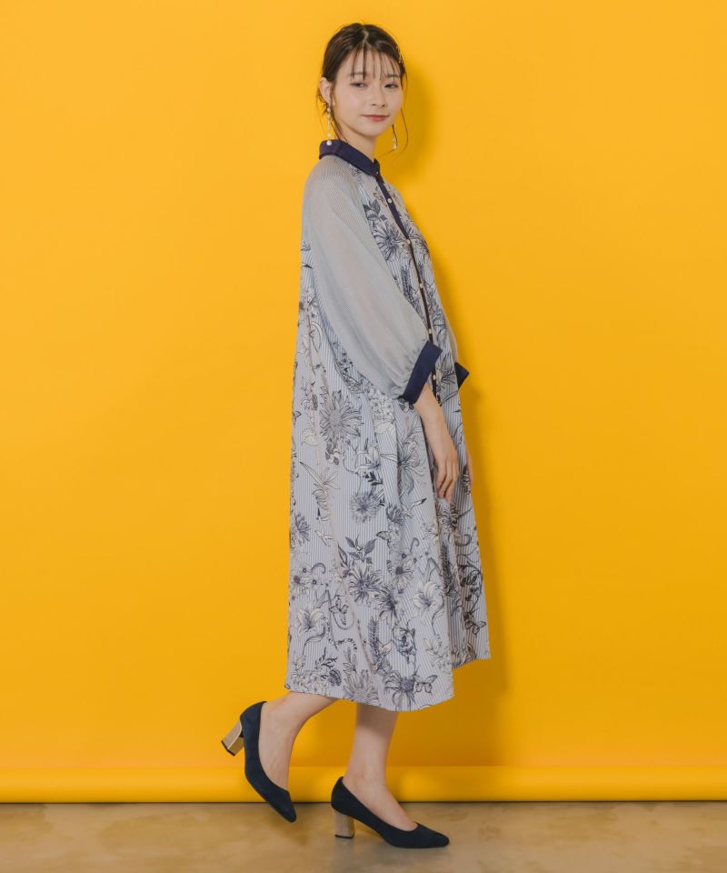 ストライプ花柄シャツワンピース-3