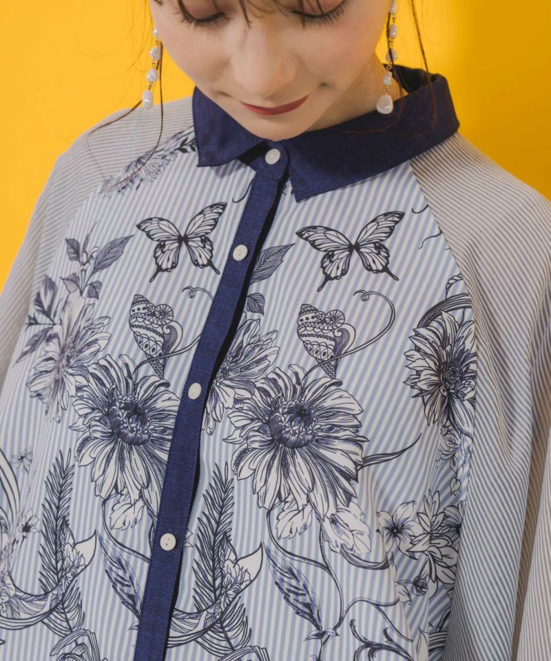 ストライプ花柄シャツワンピース-6