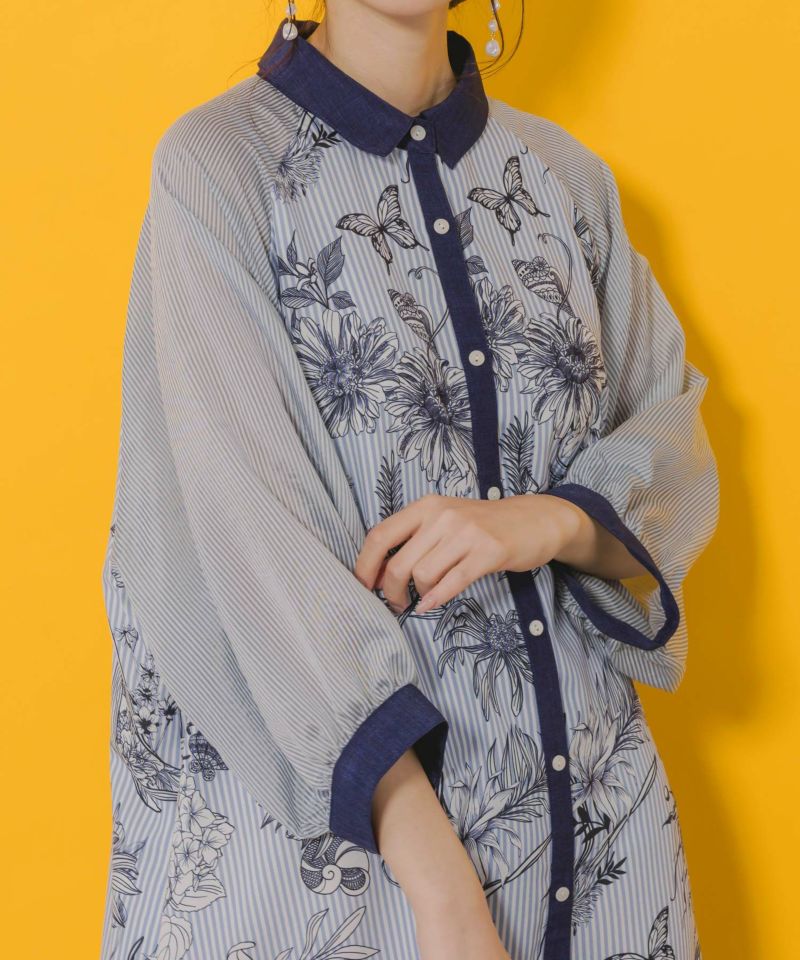 ストライプ花柄シャツワンピース-8