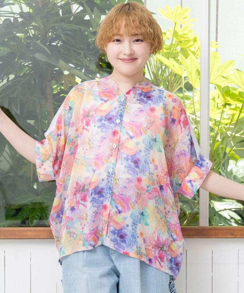 【オープニングセール】 152650：花クラゲ柄レース切替シャツの通販-ScoLar シャツ+ブラウス(長袖+七分)