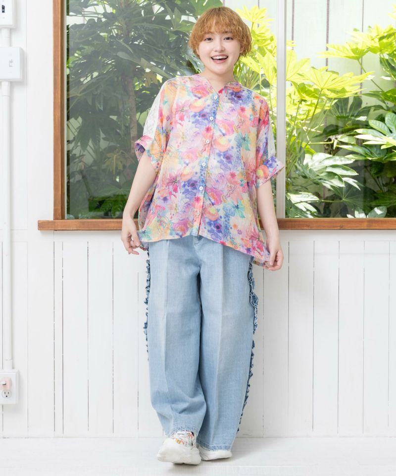 152650：花クラゲ柄レース切替シャツの通販-ScoLar