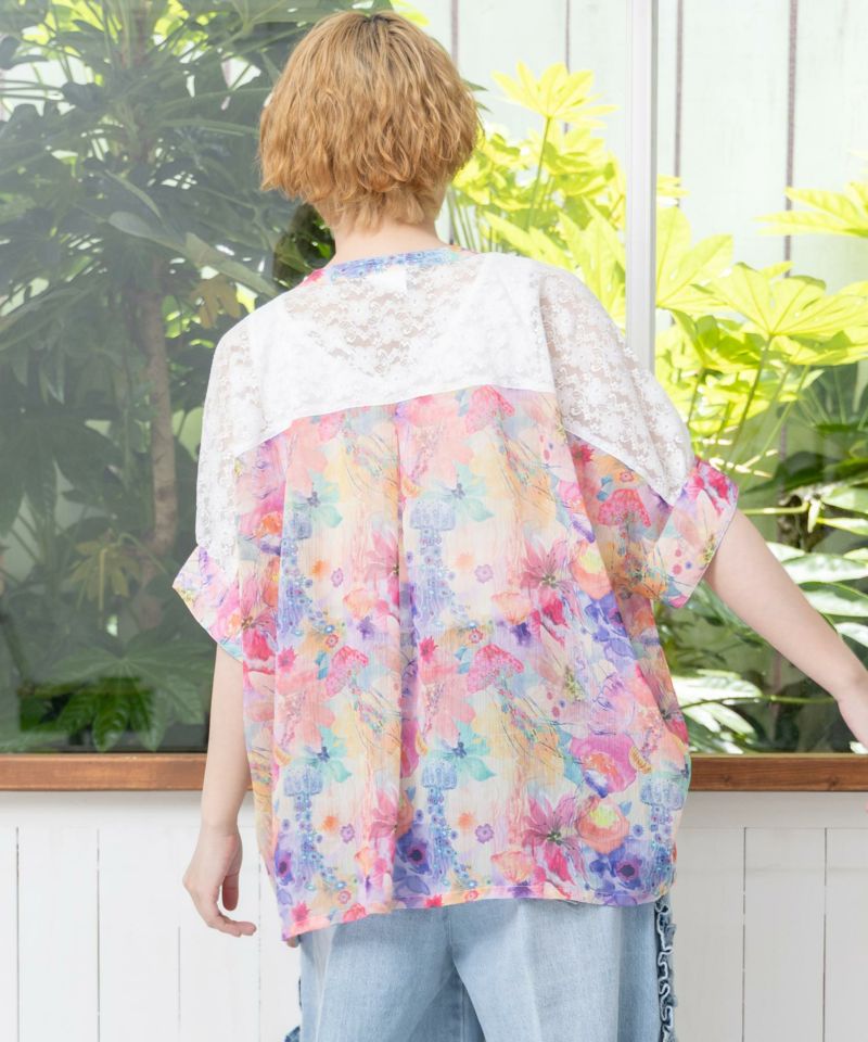 【国内在庫】 152650：花クラゲ柄レース切替シャツの通販-ScoLar シャツ+ブラウス(半袖+袖なし)