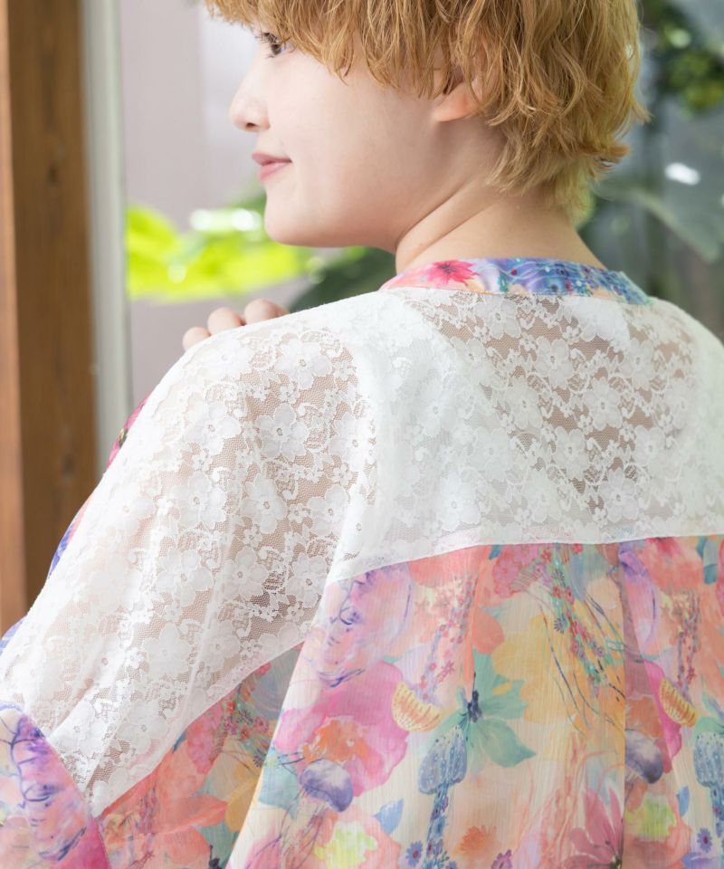 152650：花クラゲ柄レース切替シャツの通販-ScoLar