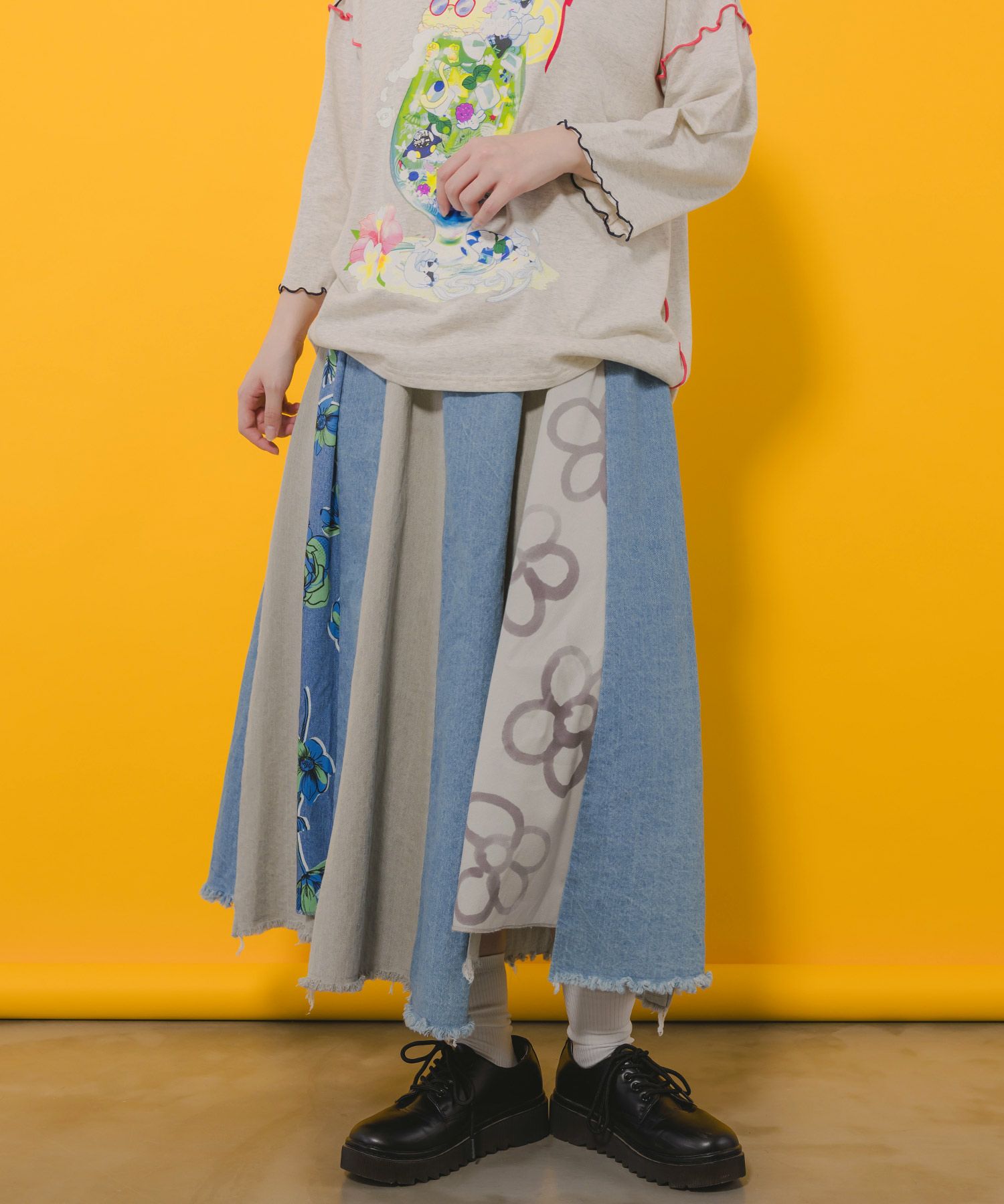 152645：花柄切替デニムスカートの通販-ScoLar 