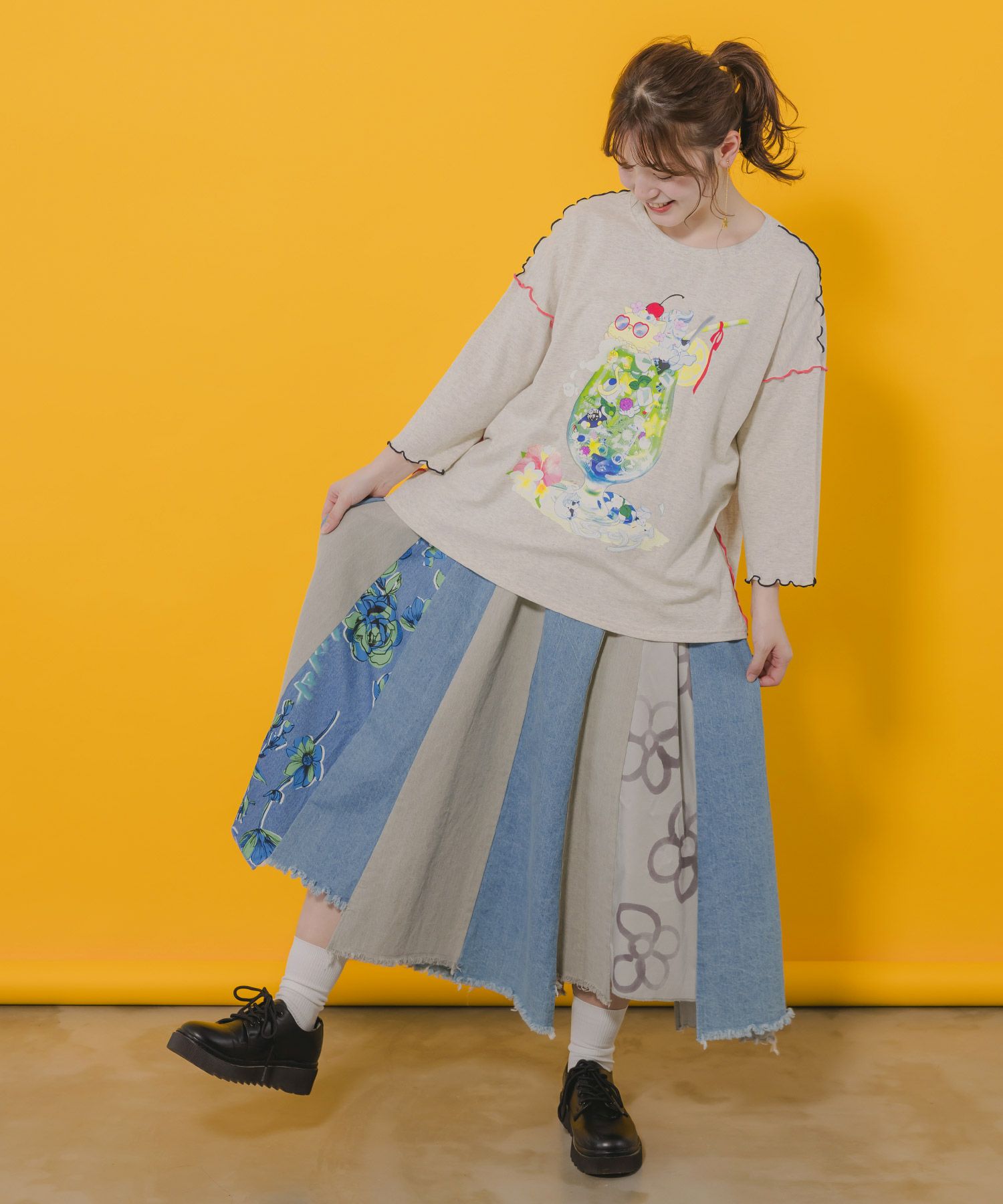 152645：花柄切替デニムスカートの通販-ScoLar 