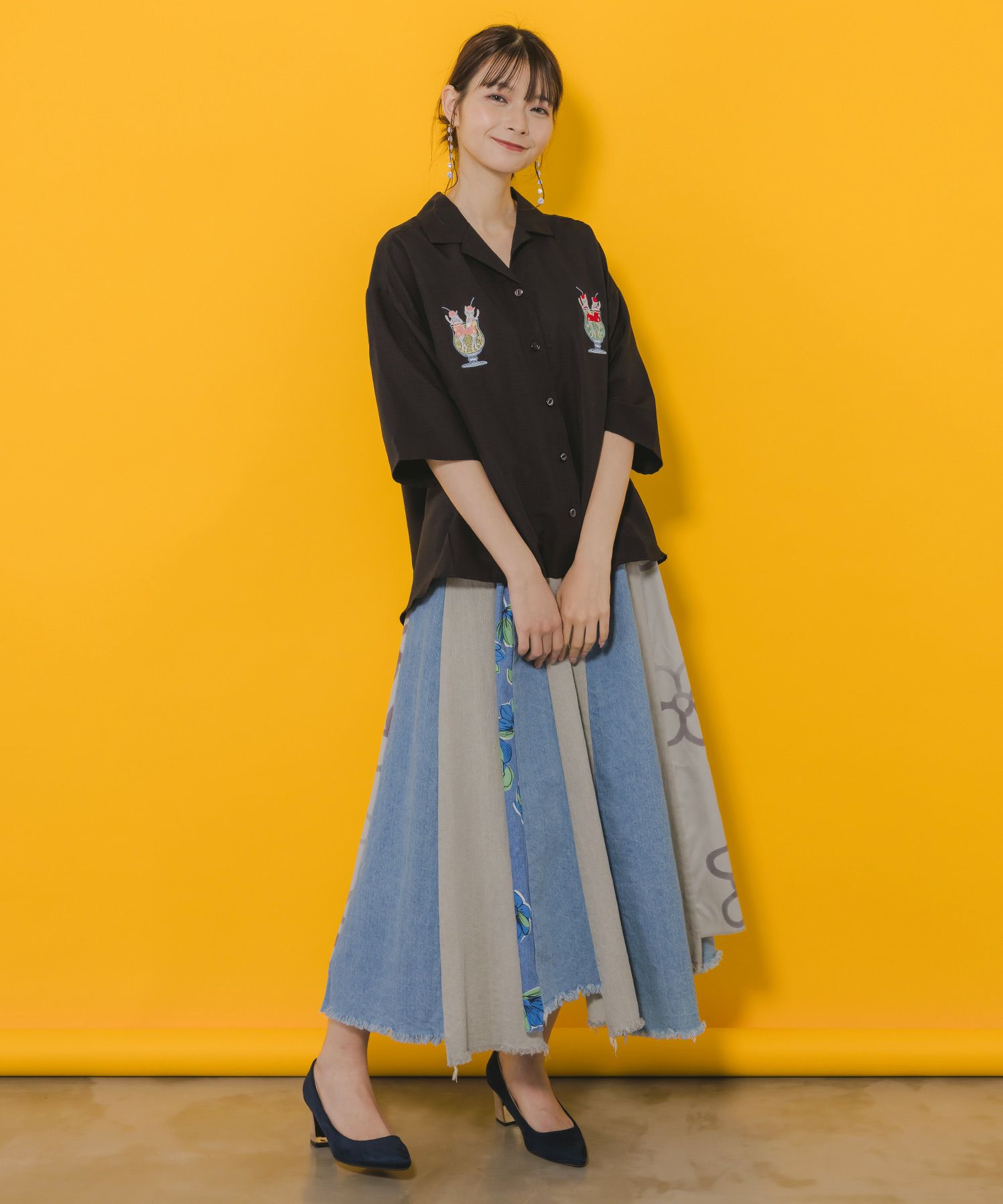 152645：花柄切替デニムスカートの通販-ScoLar 