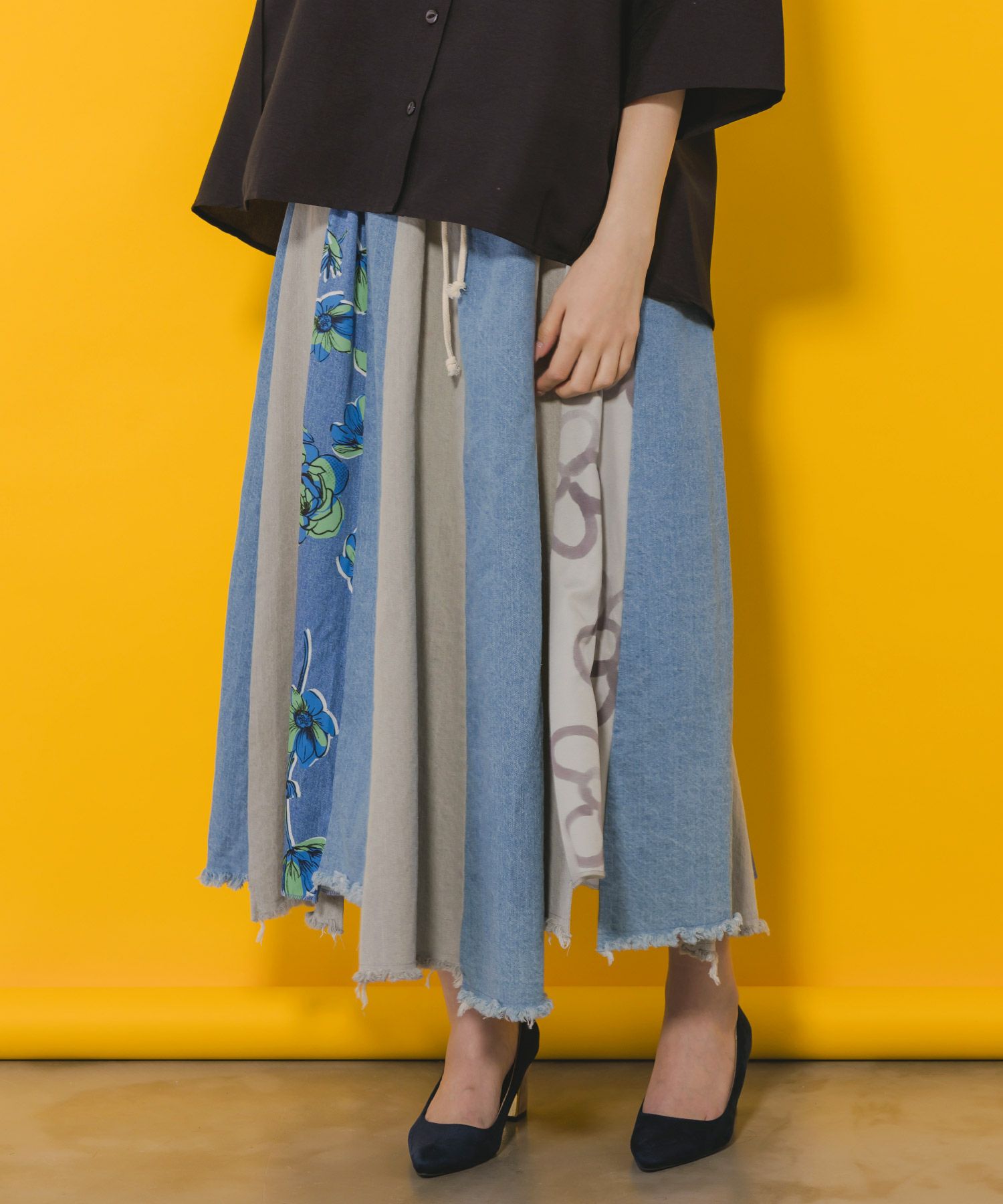 152645：花柄切替デニムスカートの通販-ScoLar 